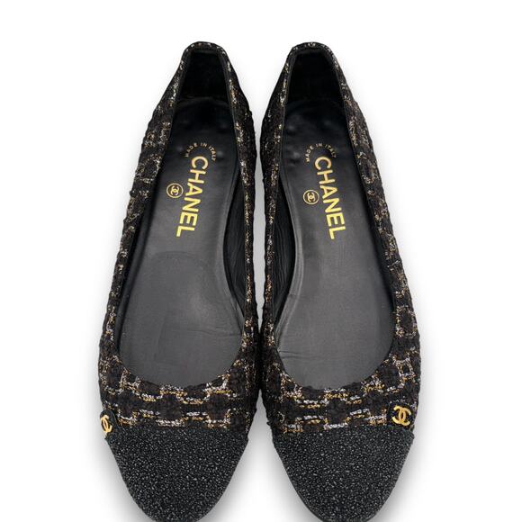 Chanel Tweed Black Gold CC Cap Toe Ballet Flats 38 US 7.5 Box COA Auth Ballerina - Picture 5 of 12